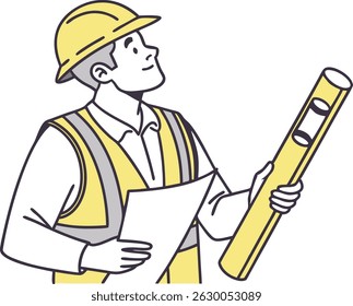 Cartoon construction worker illustration wearing a yellow safety vest and helmet, holding a blueprint and level on a white background.

