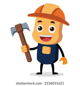 Cartoon Construction Worker Mascot with Hard Hat and Axe – Cute Builder Character Illustration