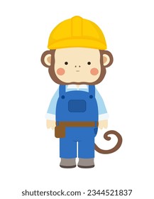 Cartoon construction worker monkey vector illustration. Monkey wearing overalls, hard hat and utility belt.