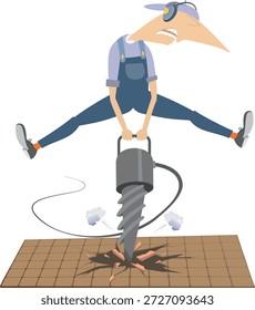 Cartoon Bauarbeiter betreibt Jackhammer.
Bauarbeiter in Kopfhörern mit Schlaghammer bricht Fahrbahn
