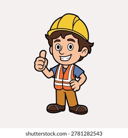 Cartoon construction worker in orange vest and yellow hard hat giving thumbs up person character