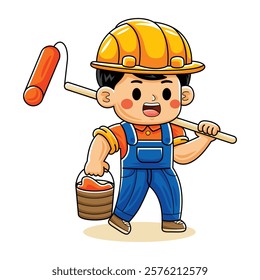 Cartoon Construction Worker with Paint Roller