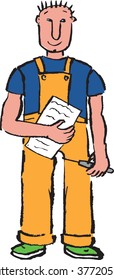 Cartoon construction worker with a screwdriver and a paper, hand drawn, vector Illustration