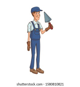 cartoon construction worker with spatula tool icon over white background, vector illustration