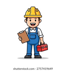 Cartoon construction worker with tools and clipboard standing confidently - Powered by Shutterstock - Get 15% off with code: PIKWIZARD15