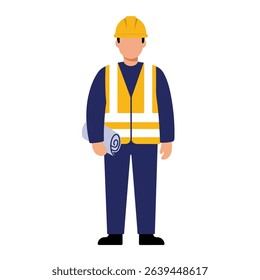 A cartoon construction worker with a yellow hard hat stands holding blueprints.