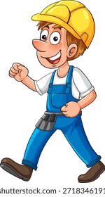 Cartoon construction worker in yellow hard hat walking, blue overalls, cheerful expression, white background