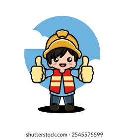 Un trabajador de la construcción de dibujos animados con un casco amarillo y un chaleco rojo da dos pulgares hacia arriba, sonriendo.