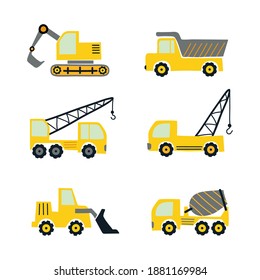 Cartoon constructions truck set. Vector machine illustration for kids.