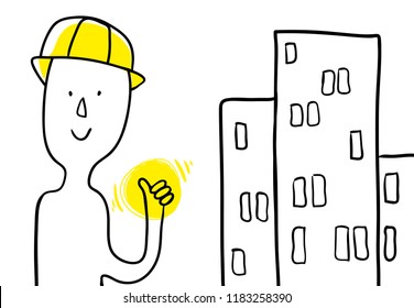 Construcción de caricaturas y construcciones. Afiche minimalista. constructor muestra una mano super. Utilícelo como afiche de la elección de carrera para la solución de negocios de los estudiantes. Dibujo manual aislado del vector