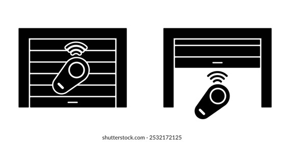 Cartoon contactless, digital door car box handle key. Security, automatic, electronic closing and opening garage door. Roller shutter garage. Roll up door strip lines. remote controller sign.