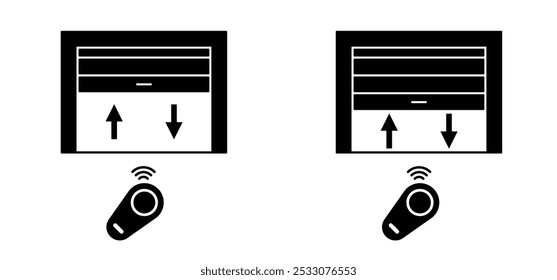 Cartoon contactless, digital door car box handle key. Security, automatic, electronic closing and opening garage door. Roller shutter garage. Roll up door strip lines. remote controller sign.