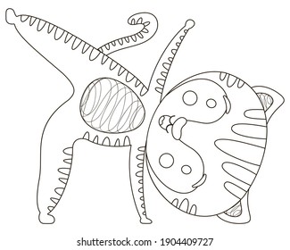 Cartoon contour black and white character tiger with a cheerful smile holding Ardha Chandrasana from yoga half moon pose for coloring, symbol, logo. Vector.