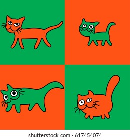 Cartoon Contour Cats Second Set. Vector Illustration. Cheerful Pet Catlike Web Icons and Shirts. Pictures for Kids. Green and Red Color Background.