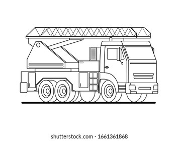 Cartoon contour fire truck with a car ladder. Flat vector illustration of car engine for coloring book.