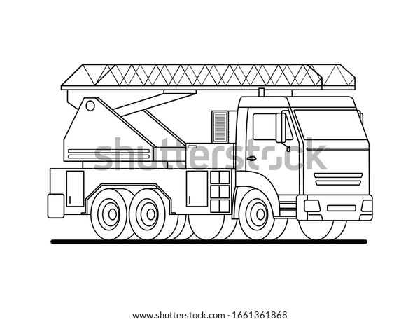 Cartoon contour fire truck\
with a car ladder. Flat vector illustration of car engine for\
coloring book.
