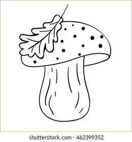 Cartoon contour mushroom isolated on white background. Porcini with oak leaf. Vector illustration. EPS 10. 