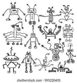 Cartoon contour robot characters isolated on white background. Comic robot set.