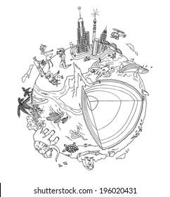 Cartoon contour vector illustration of planet Earth with people, nature and cities