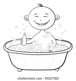 Cartoon, contours: cheerful smiling child sitting in a bath with soap and holding a bottle of shampoo. Vector