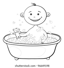 Cartoon, contours: cheerful smiling child sitting in a bath with soap and holding a teddy bear. Vector