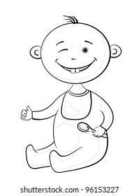 Cartoon, contours: cheerful smiling winking baby with a spoon. Vector