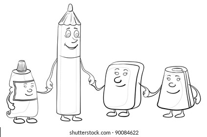 Cartoon, contours, pencil and stationery children: tube, eraser, pencil sharpener, contours. Vector