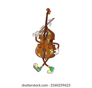 Cartoon contrabass, double bass groovy musical instrument character with smiling face and bow in hand playing classic music. Isolated vector musician equipment personage ready for orchestra concert