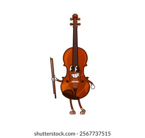 Cartoon contrabass, double bass groovy musical instrument character with smiling face and bow in hand playing classic music. Isolated vector musician equipment personage ready for orchestra concert