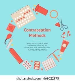Cartoon Contraception Method Banner Card Safe Sex for Man and Fomen Flat Design Style. Vector illustration