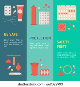 Cartoon Contraception Method Banner Vecrtical Set Safe Sex for Man and Fomen Flat Design Style. Vector illustration