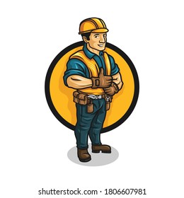 Cartoon contractor character mascot logo. Vector illustration