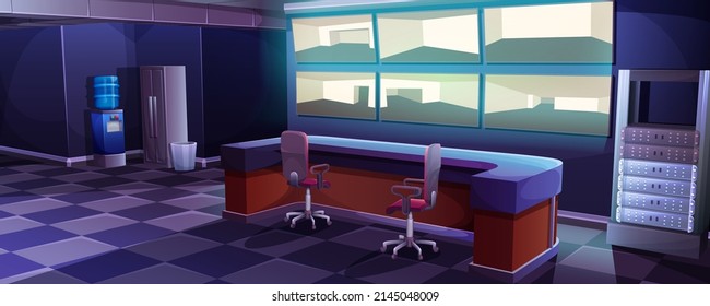 Cartoon control cctv room interior. Security office with multiple display monitors for video surveillance. Guardian center with screens, desk, water cooler. Cameras with outside and inside monitoring.