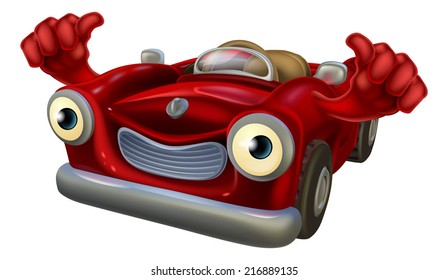 Cartoon convertible car character with a happy face giving a thumbs up