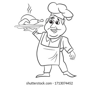 Cartoon cook with baked chicken on a tray in isolate on a white background. Labor Day.  Vector illustration.