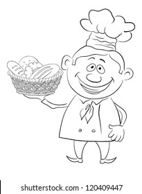 Cartoon cook - chef with a basket of bread, black contour on white background. Vector illustration
