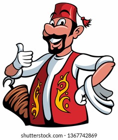 A cartoon cook chef character doing a thumbs up gesture in turkish traditional costume, vector cartoon character, isolated on white background.