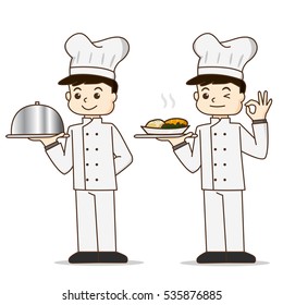 Cartoon cook chef character holding food and giving delicious cook gesture