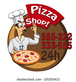  cartoon cook , chef with a  freshly baked pizza. Illustration for pizza shop, pizza box