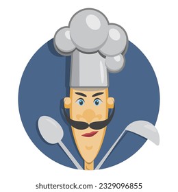Cartoon cook in chef hat with spoon and ladle for soup, flat vector isolated illustration. Cute chef color icon in circle.