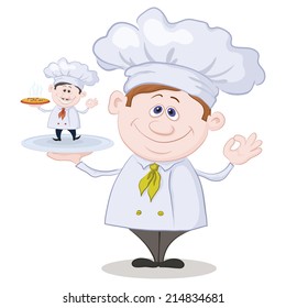 Cartoon cook chef holding a tray with a little chef with pizza isolated on white background. Vector