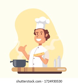 cartoon cook chef illustration, bring cake dishes, restaurant cook chef hat and cook uniform, professions job, vector character restaurant staff flat design,for website, poster, pamphlet or any design