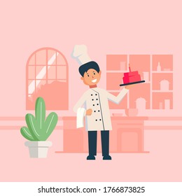 Cartoon cook chef illustration, restaurant cook chef wearing hat and uniform. Cook job profession vector character. Restaurant food service professional staff flat design.