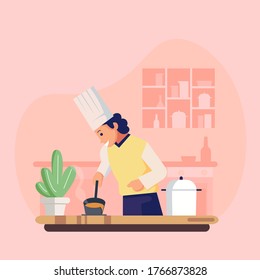 Cartoon cook chef illustration, restaurant cook chef wearing hat and uniform. Cook job profession vector character. Restaurant food service professional staff flat design.