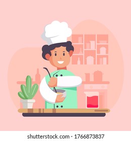 Cartoon cook chef illustration, restaurant cook chef wearing hat and uniform. Cook job profession vector character. Restaurant food service professional staff flat design.