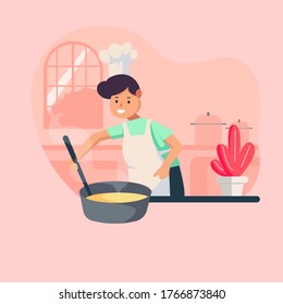 Cartoon cook chef illustration, restaurant cook chef wearing hat and uniform. Cook job profession vector character. Restaurant food service professional staff flat design.