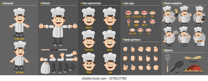 Cartoon cook, chef man constructor for animation. Parts of body: legs, arms, face emotions, hands gestures, lips sync. Full length, front, three quater view. Set of ready to use poses, objects.