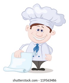 Cartoon cook - chef with a piece of paper, blank for your text. Vector