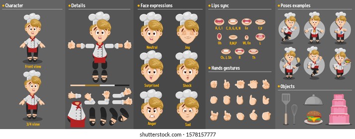 Cartoon Cook, Chef Woman Constructor For Animation. Parts Of Body: Legs, Arms, Face Emotions, Hands Gestures, Lips Sync. Full Length, Front, Three Quater View. Set Of Ready To Use Poses, Objects.