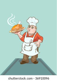 Cartoon cook keeping a plate with baked chicken